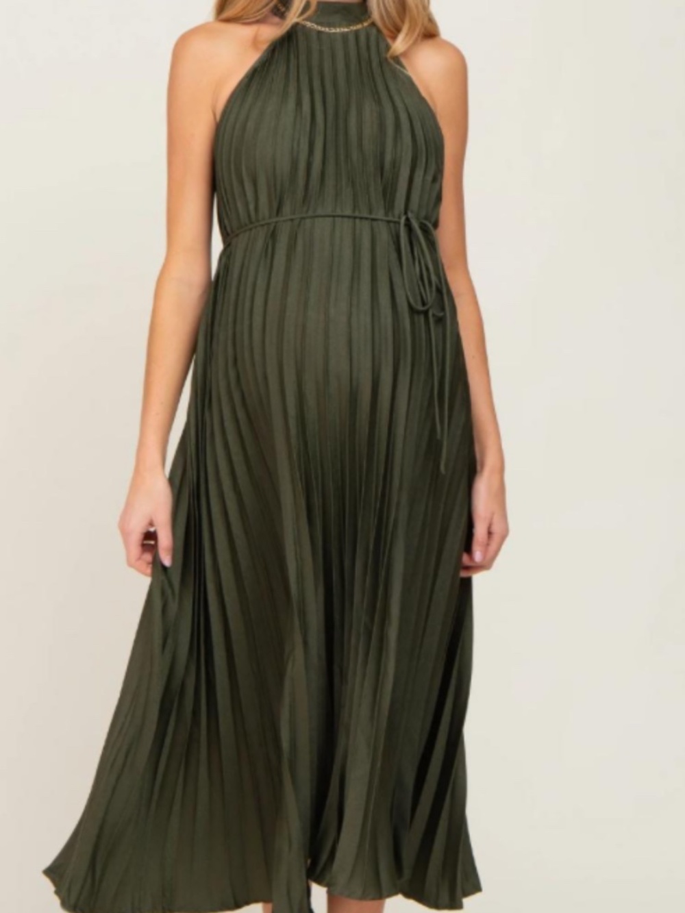 Olive Pleated Maxi Halter Dress